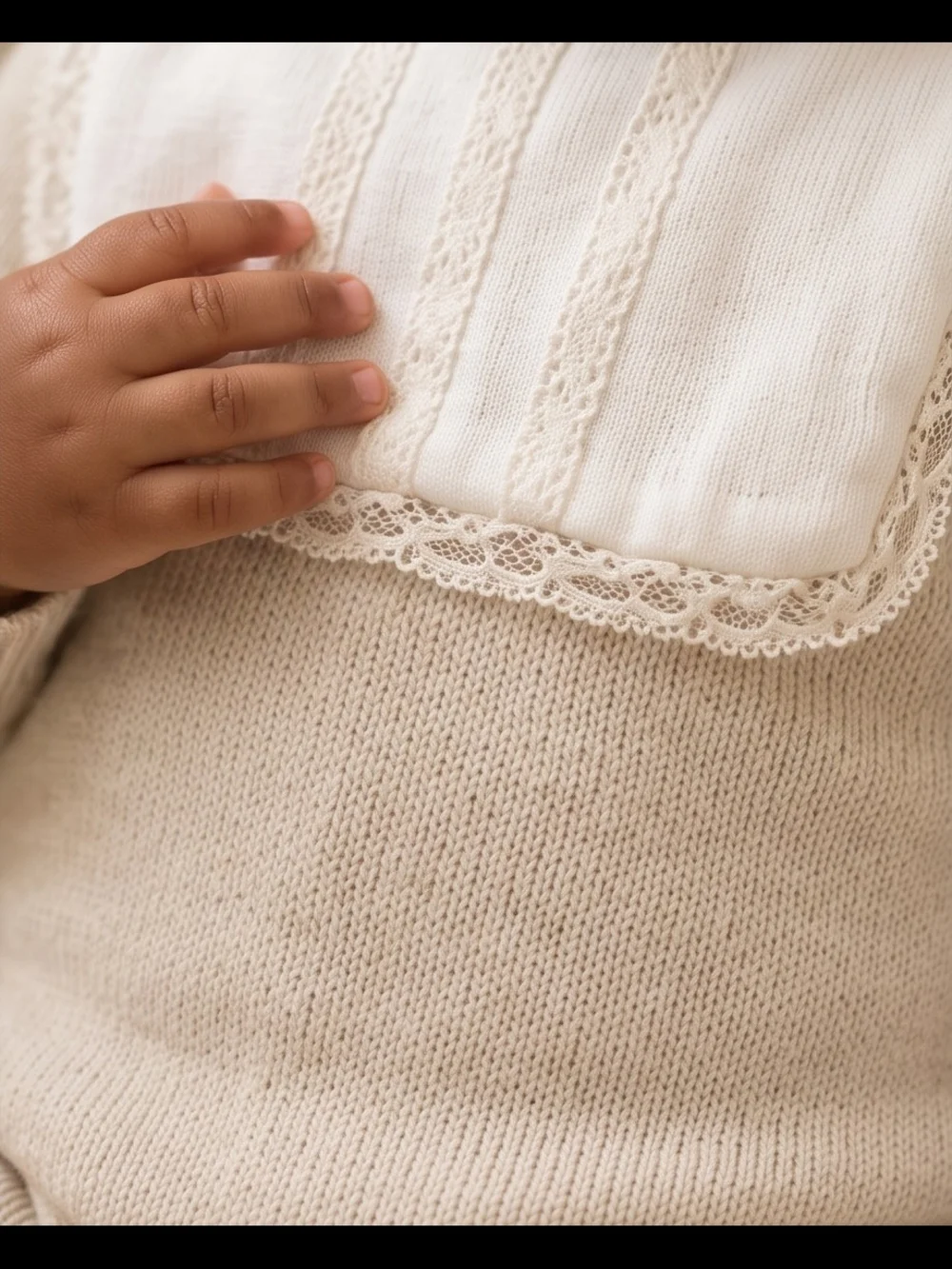 Classic Lace Detachable Bib Knit One-Piece Romper in Beige